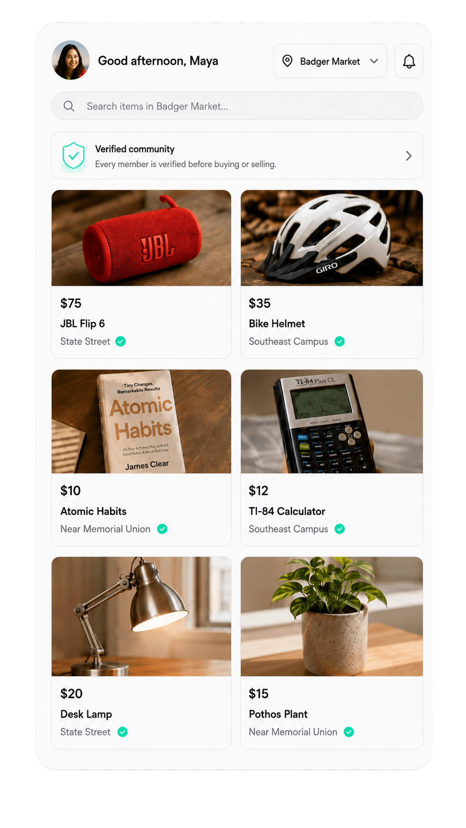 Sellr marketplace preview showing verified Badger Market listings